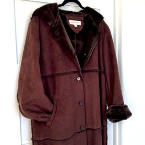 Liz Claiborne Hooded Brown Faux Fur Full Length Coat - Large